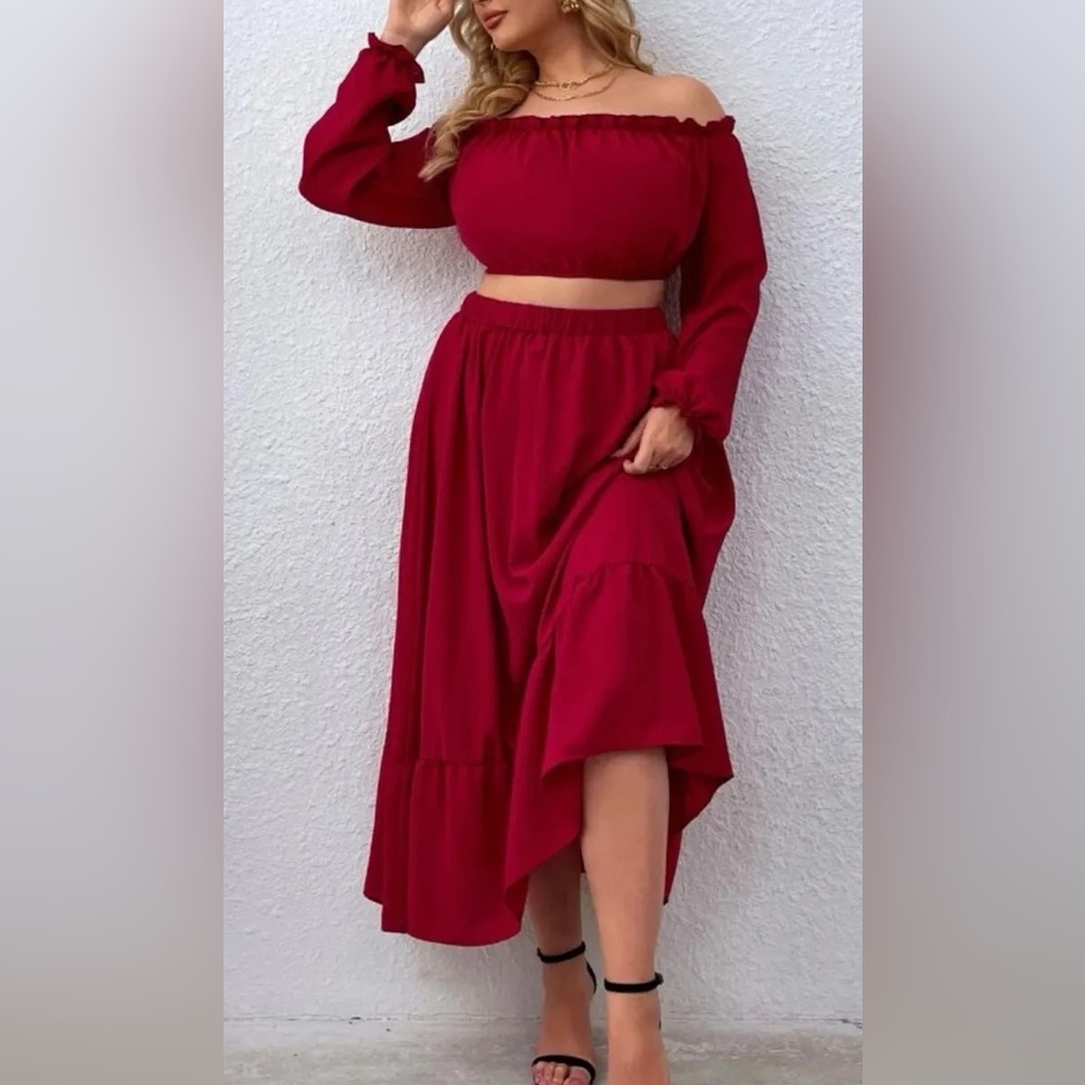 SHEIN Red Off-Shoulder Two-Piece Maxi Dress